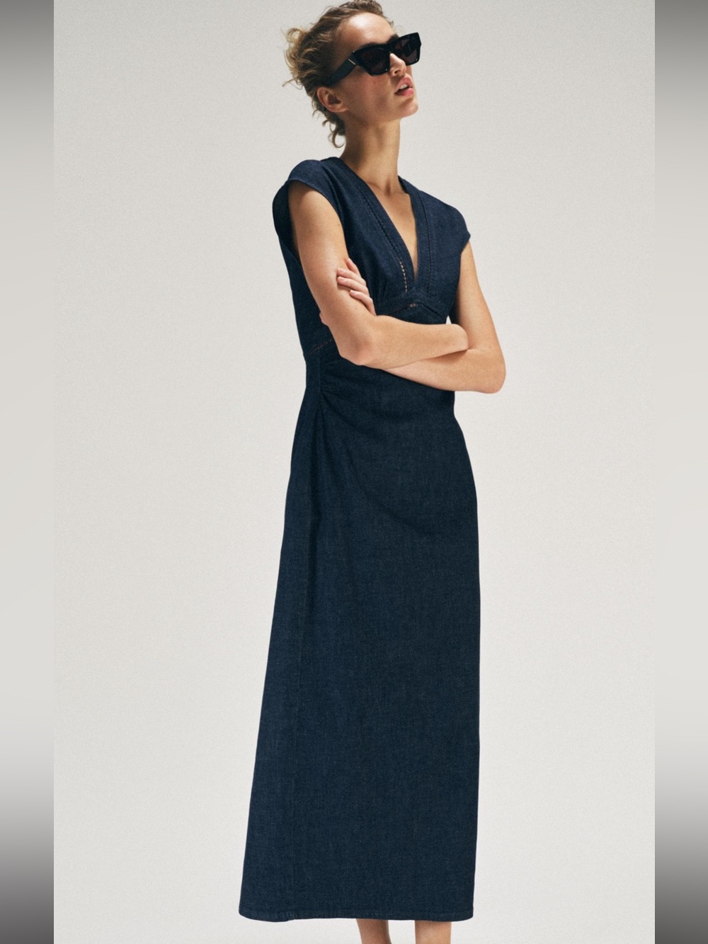 Zara Deep Blue V-Neck Cap Sleeve Maxi Dress